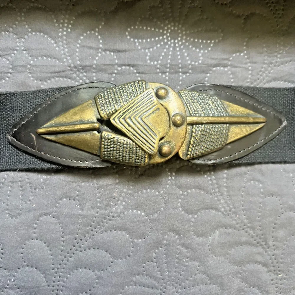 Vintage 1970’s Boho Hippy Black Stretch Belt w/Brass Arrowhead Buckle Indie Chic
